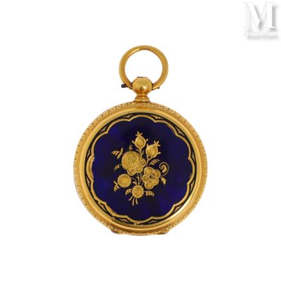 an image of a gold and blue pocket watch with a floral design