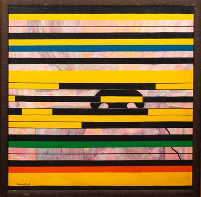 an abstract painting of a car on a colorful striped background