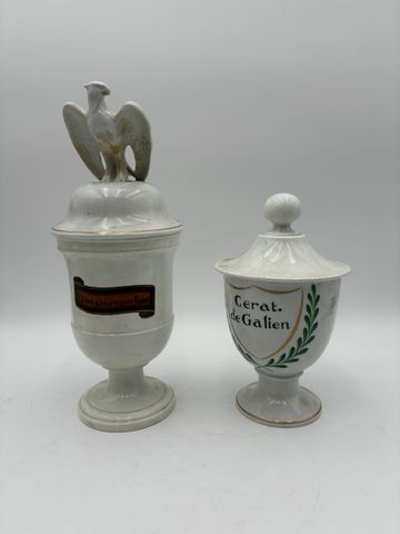 Deux pots à pharmacie en porcelaine dont un « décor de Paris »