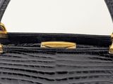 a close up of a black alligator skin handbag on a white background