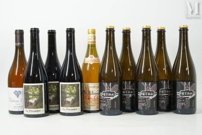 plusieurs bouteilles de vin sont alignées sur une surface blanche