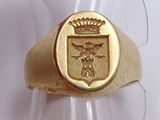 a picture of a gold ring with a coat of arms on it