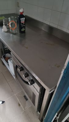 a stainless steel counter top in a commercial kitchen