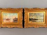 paire de peintures à l'huile sur toile du XIXe siècle représentant un château et une rivière