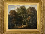 un tableau représentant un paysage boisé avec des arbres au premier plan