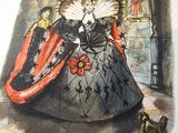 a drawing of a lady in a black dress with a red cape