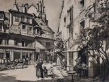 dessin représentant une scène de rue avec des passants et une calèche