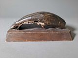 an image of a sculpture of a fish on a wooden base