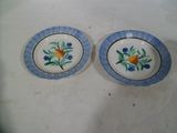 paire d'assiettes bleues et blanches avec oiseaux et fleurs