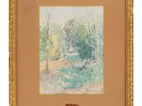 une image représentant une peinture d'une zone boisée avec des arbres et des buissons