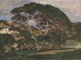 tableau représentant des arbres dans un champ, avec une maison en arrière-plan