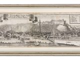 an old drawing of a view of a town with a river in the foreground