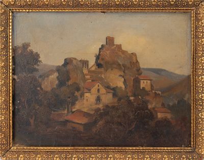 une vieille peinture représentant un château sur une colline, avec des arbres au premier plan