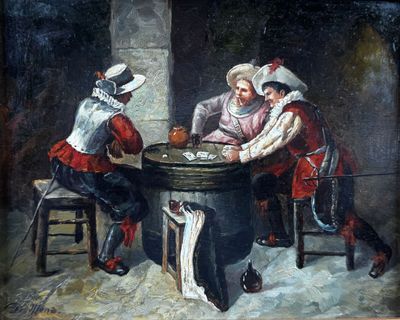painting of three men playing cards at a table in a tavern