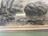 a black and white drawing of a rock in the water