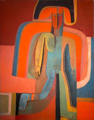 peinture abstraite représentant un homme tenant un couteau dans sa main droite