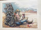 a picture of a man sitting next to a pile of guns