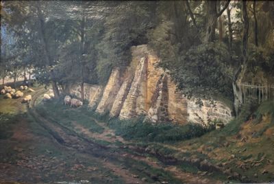 a picture of a painting of sheep on the side of a road