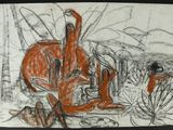dessin représentant un homme assis sur un cheval dans les bois