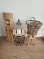 Petit lot comprenant un tabouret , une lanterne, un panier .