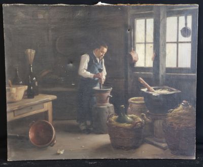 tableau représentant un homme dans une cuisine en train de préparer un repas sur une cuisinière