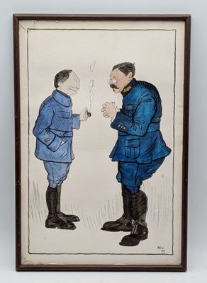 an old picture of two men talking to each other in a field