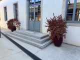 two planters on the steps outside of a building
