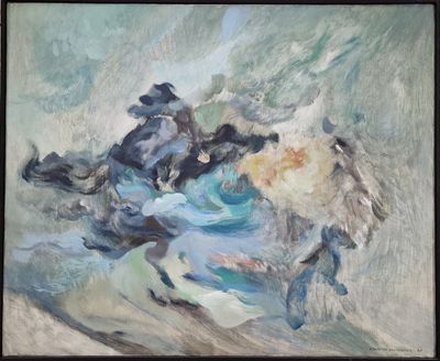 a painting of a group of people riding horses on a beach