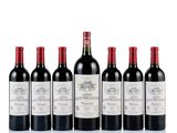 six bottles of red wine lined up in a row