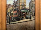 une peinture à l'huile représentant un tramway dans une rue de la ville, avec des immeubles en arrière-plan