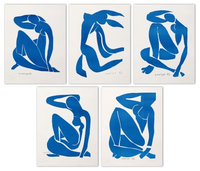 quatre nus bleus sur papier blanc, lot de quatre