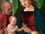 une image représentant un tableau sur lequel on voit un homme tenant un bébé dans ses bras et une femme tenant un oiseau