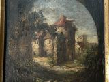 une peinture à l'huile représentant un château dans un cadre boisé