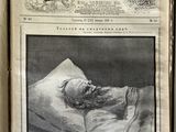 an old newspaper with a picture of a man sleeping in a bed