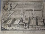un vieux dessin représentant un grand bâtiment avec un jardin au milieu