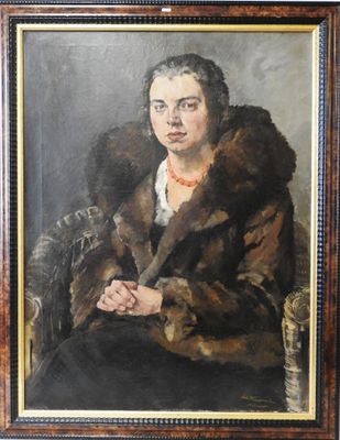 painting of a woman in a fur coat sitting in a chair