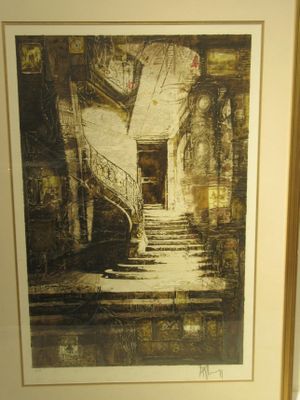 painting of a staircase leading to a door in a building