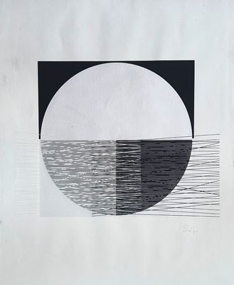 a black and white drawing of a half moon over a body of water