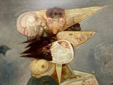 un tableau représentant un oiseau avec un chapeau sur la tête