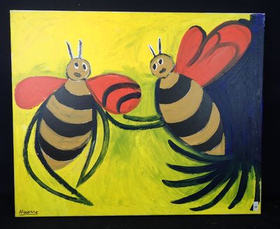 tableau représentant deux abeilles qui se battent sur un fond jaune