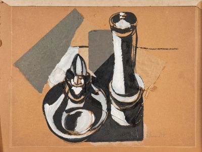 a picture of a painting of a black and white vase and a plate