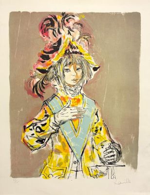 tableau représentant un homme vêtu d'une veste jaune et d'un chapeau rose