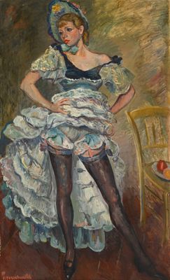 une peinture à l'huile représentant une femme en robe blanche assise sur une chaise