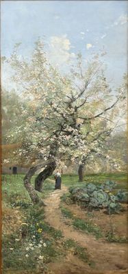 a painting of a woman walking down a path in a field