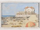 a picture of a painting of a house on the beach