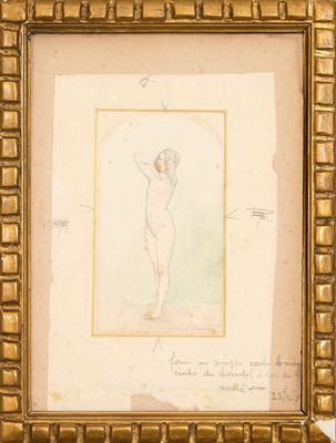 tableau représentant un nu féminin, dans un cadre doré sur lequel figure une inscription