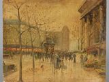 tableau représentant une scène de rue en ville avec des passants marchant sous la pluie