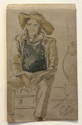 drawing of a man sitting on a chair with a hat on