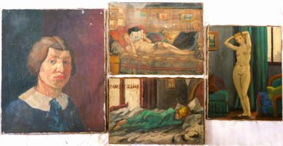 quatre tableaux représentant une femme allongée sur un lit dans une chambre