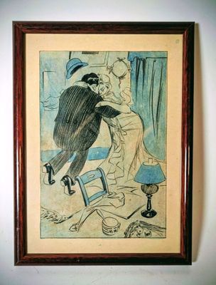 tableau représentant un homme et une femme s'embrassant dans une pièce